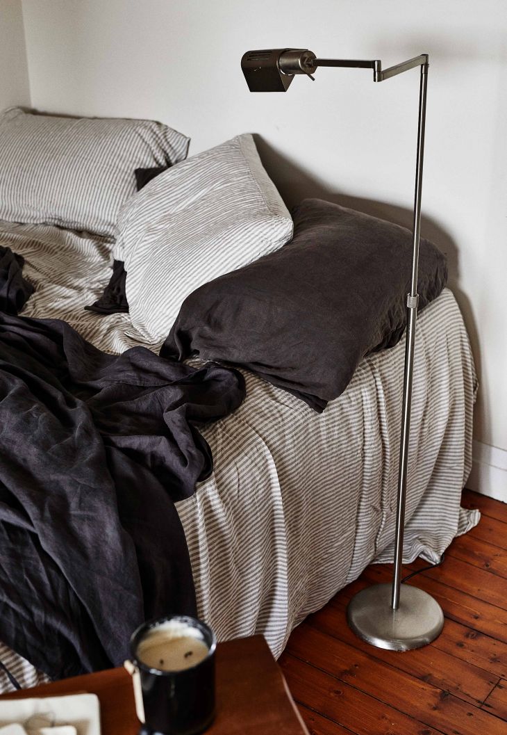 Linen sheet set and pillow slips in grey & white stripe