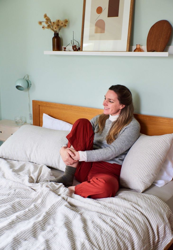 Linen duvet cover and linen pillow slips in grey & white stripe, linen fitted sheet in stone by IN BED